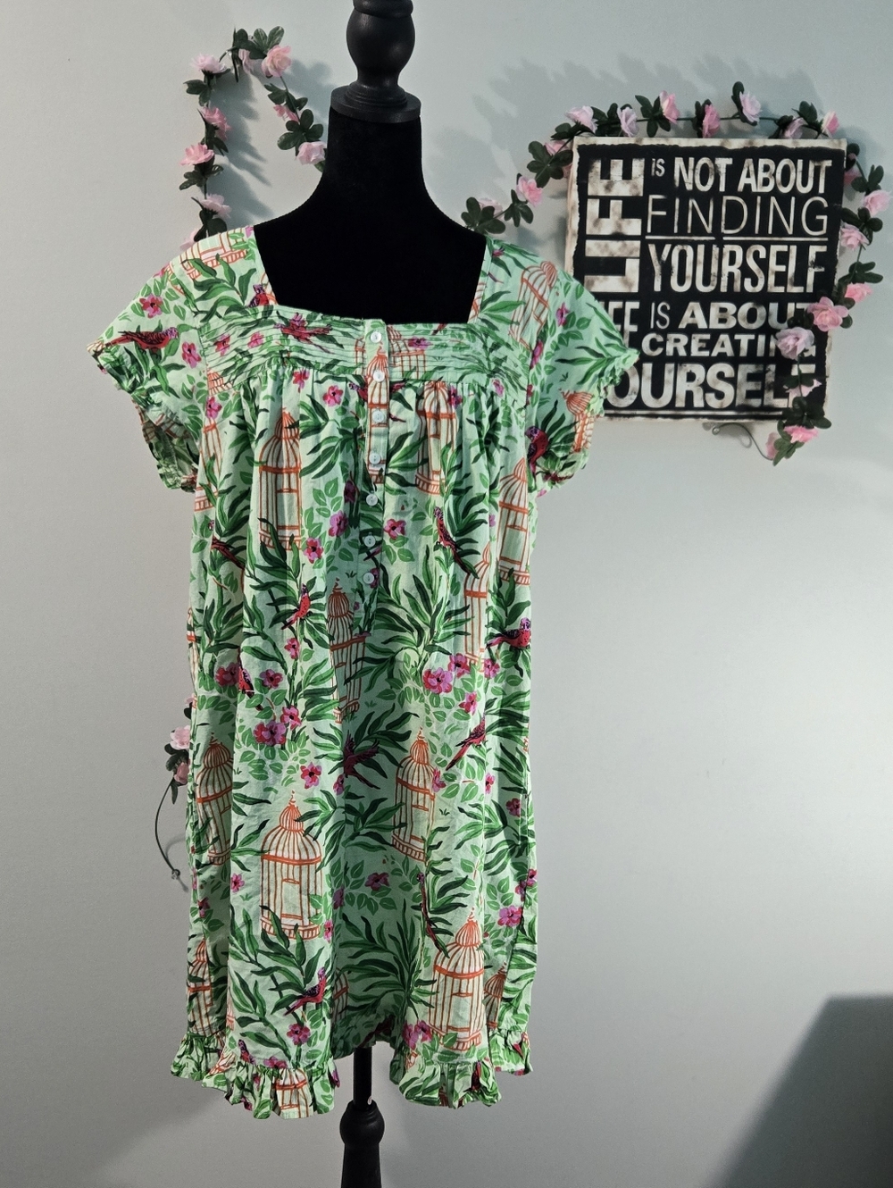 Printfresh Organic Cotton Nightgown - Bird & Cage Floral Print - Size S
